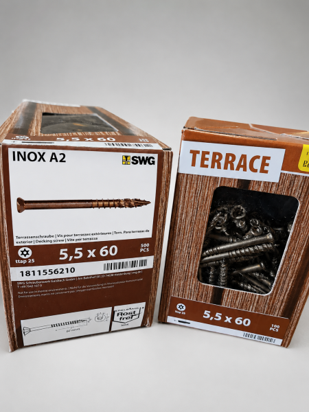 Vis inox terrasse bois SWG 5,5x60 mm finition brun – fixation extérieure bois exotique et autoclave